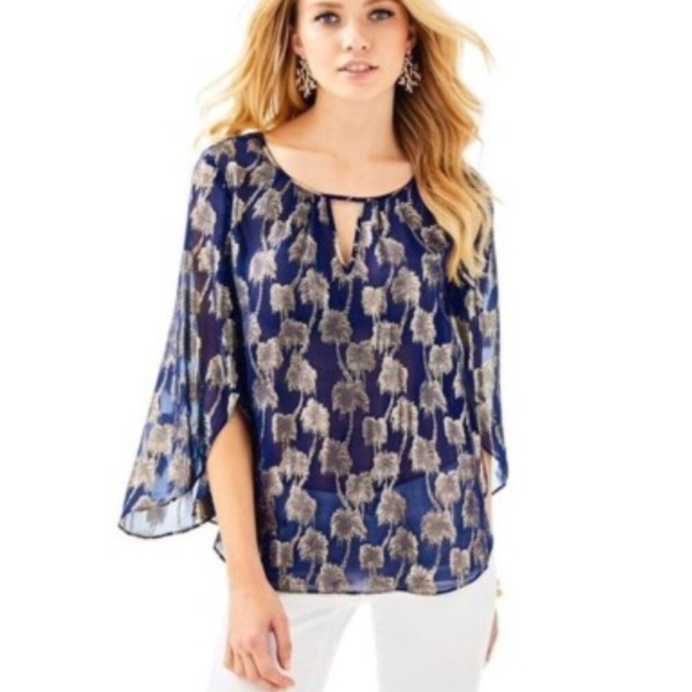 Lilly Pulitzer Beccer Silk Clip Top Navy Blue Gold Blouse Top Women's XS